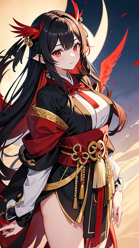 A Tengu turned into a beautiful girl。She has wings of black feathers、Beautiful girl with sharp eyes。Has a red mask、Dressed in traditional Tengu attire。Her hair flutters in the wind、Looking down on the world from the top of the mountain。