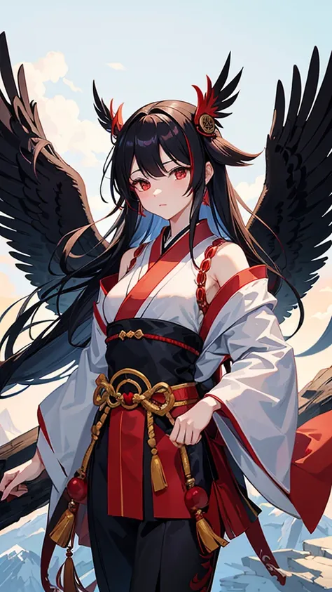 A Tengu turned into a beautiful girl。She has wings of black feathers、Beautiful girl with sharp eyes。Has a red mask、Dressed in traditional Tengu attire。Her hair flutters in the wind、Looking down on the world from the top of the mountain。