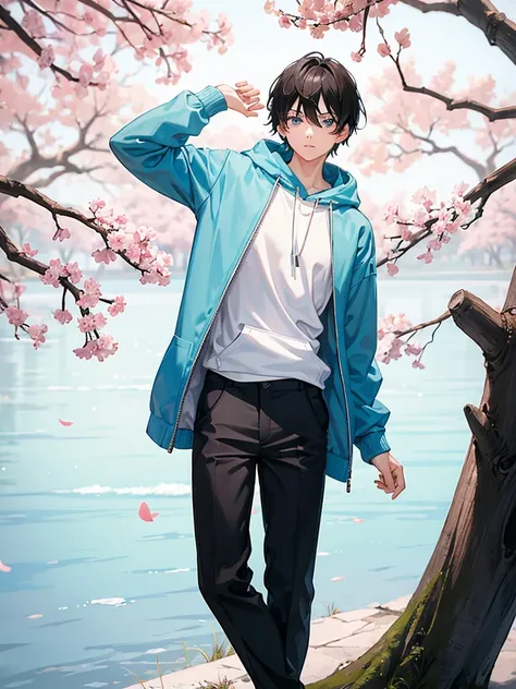 1boy, boyish black hair, blue eyes, white skin, wearing pastel blue hoodie, black pants, standing below a glowing red sakura tree, absurdres, high res, ultrasharp, 8k, masterpiece, looking at viewer