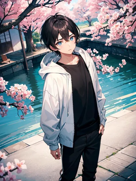 1boy, boyish black hair, blue eyes, white skin, wearing pastel blue hoodie, black pants, standing below a glowing red sakura tree, absurdres, high res, ultrasharp, 8k, masterpiece, looking at viewer