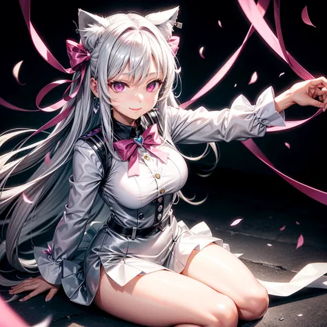 Silver hair, pink eyes, body, cat ears, sexy girl, earrings, light heart flower background, uniform, hair bows, sit down, happy face