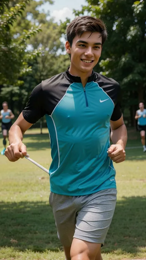 
The portrait of a young man inviting his friends to join in sports activities, such as running or cycling together, shows his enthusiasm for maintaining health and fitness together.