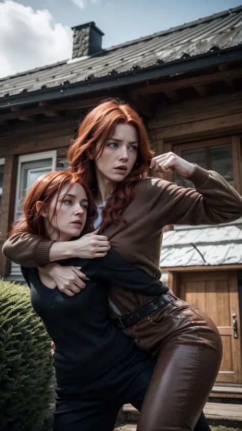 Red-haired Norwegian woman, fighting with dark brown-haired Norwegian man, in front of her house, cinematic, realistic image