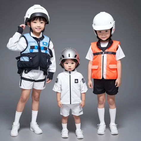 Simple Illustration,Disaster Prevention Children,Simple Illustration,White Helmet,,The top and bottom of the costume are different colors ,MP type helmet,two children, T-shirt and shorts,Life jacket,4-years old, The design of the top and bottom of the cost...