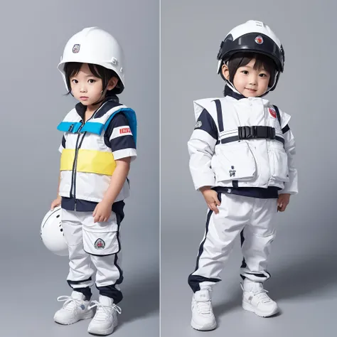 Simple Illustration,Disaster Prevention Children,Simple Illustration,White Helmet,,The top and bottom of the costume are different colors ,MP type helmet,two children, T-shirt and shorts,Life jacket,4-years old, The design of the top and bottom of the cost...