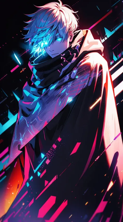 realistic,shiny,reflective,bioluminic, galactic cybernetic mask,mecha,(assassin:1.2),((((scarf,long cloak)))),sh4g0d,GlowingRunes_red,fullbody,cinemnatic,dark background,backlight,high contrast