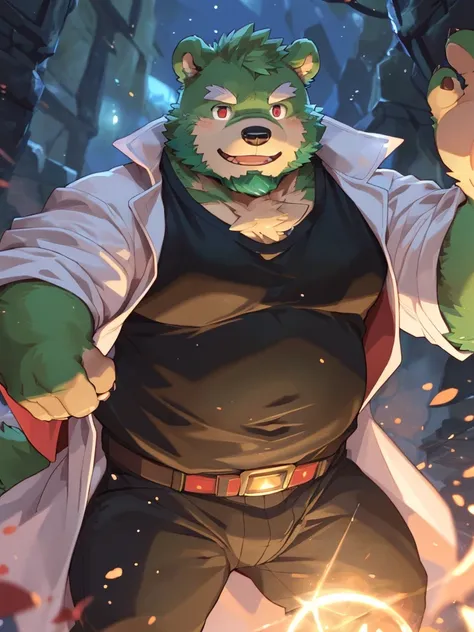 anthro, kemono, male, solo, ((round face, very plump face, thick beard)), ((endomorph body type, old-aged)), (adventure costume), ((green bear, bear) fluffy fur, fluffy), (at old ruin, dungeons), bokeh, (high quality, highres, masterpiece), (dynamic lighti...