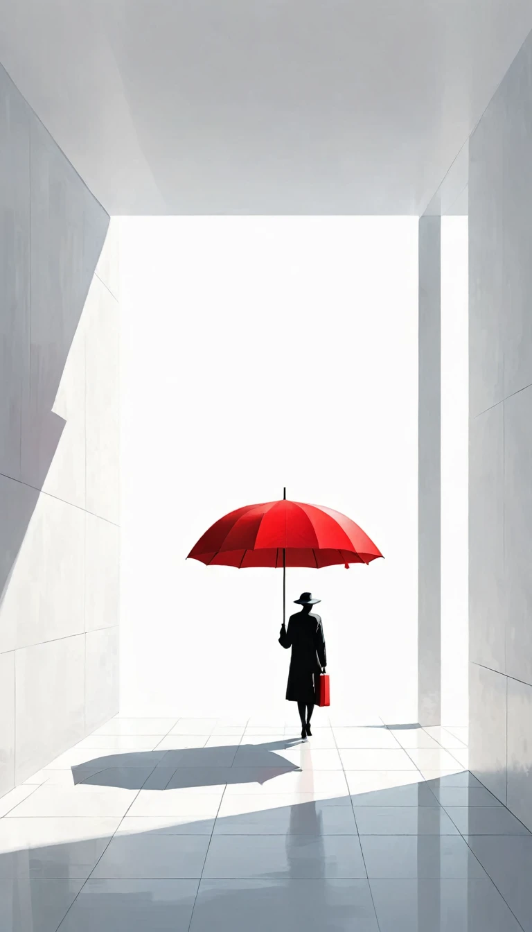 simple，Minimalist illustration，geometry，cube，Light and Shadow，One red umbrella，solitary figure，Lots of white space