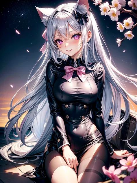 Silver hair, pink eyes, body, cat ears, sexy girl, earrings, flower sky background, uniform, hair bows, sit down, happy face