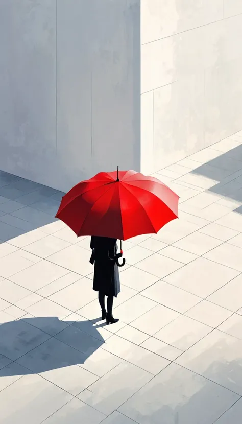 simple，Minimalist illustration，geometry，cube，Light and Shadow，One red umbrella，solitary figure，The Art of Blank Space，