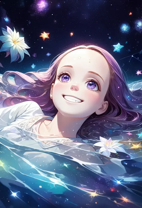 ((ultra detailed face)),Describe a scene in which a beautiful woman character is lying on a water, Look up at the starry sky. Surround her with colorful nebulae and her favorite constellations.(((big smiling))).((forehead)),milky white theme