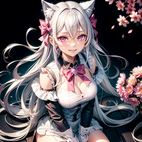 Silver hair, pink eyes, body, cat ears, sexy girl, earrings, light heart flower background, uniform, hair bows, sit down, happy face