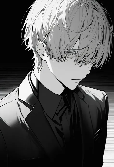 a yuto-sano boy, kaneki, extremely detailed white hair, elegant, monochrome, solo, greyscale, male focus, looking at viewer, tir...