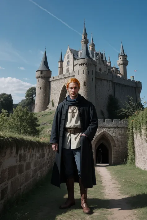 raw photo of beautiful handsome men blonde hair ,solo ,castle ,medieval 
