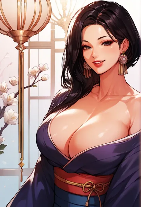 Beautiful ,sexy ,hot woman bending down and showing cleavage, black eyes, black hair, long hair, big breasts,  long chandelier earrings ,kimono,short hair , smiling, lipstick 