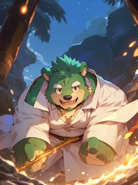 anthro, kemono, male, solo, ((round face, very plump face, thick beard)), ((endomorph body type, old-aged)), (adventure costume), ((green bear, bear) fluffy fur, fluffy), (at old ruin, dungeons), bokeh, (high quality, highres, masterpiece), (dynamic lighti...