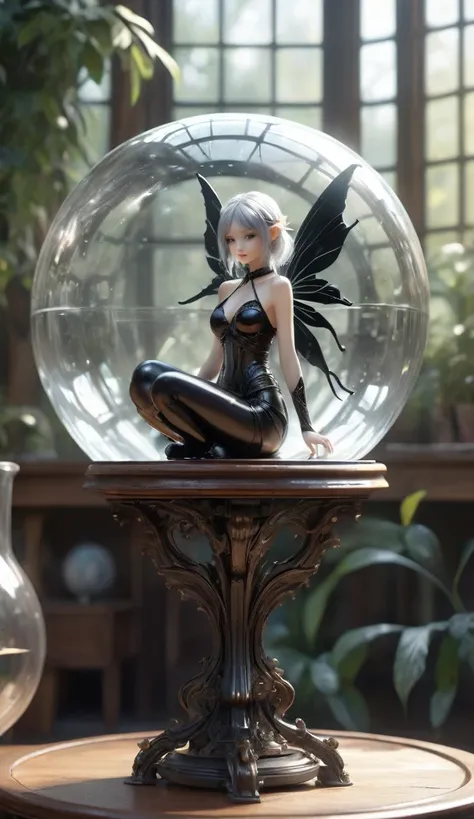 ((intricate details, hyperdetailed)),RAW,F/x 1,photorealistic,Hyper-realism,ambient occlusion,light defraction,depth of field,3D,hdr,8k,raytracing,realistic shadow,volumetric light,bloom,(Large Tall sealed glass spherical biosphere with ((goth fairy)) wear...