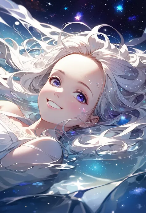 ((ultra detailed face)),describe a scene in which a beautiful woman character is lying on a water, look up at the starry sky. su...