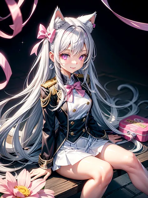 Silver hair, pink eyes, body, cat ears, sexy girl, earrings, light heart flower background, uniform, hair bows, sit down, happy face