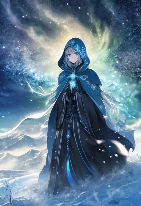 Create an anime character representing January, a mysterious figure wrapped in a flowing cloak of snowflakes, with icy blue eyes. The character stands in a wintery landscape, with the Northern Lights glowing in the sky, casting an ethereal light around the...