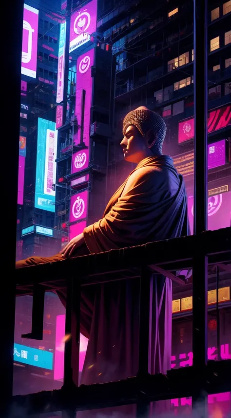 Buddha, Meditation in the middle of the metropolis, Cyberpunk city, Cyberpunk meditation  