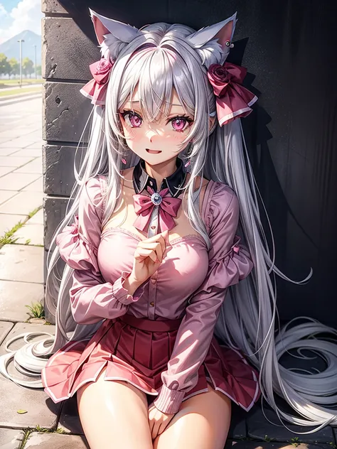 Silver hair, pink eyes, body, cat ears, sexy girl, earrings, flower sky background, pink red uniform, hair bows, sit down, happy face