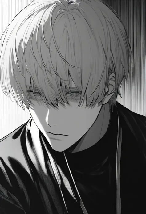 a yuto-sano boy, kaneki, extremely detailed white hair, elegant, monochrome, solo, greyscale, male focus, looking at viewer, tir...