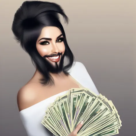 bearded woman beautiful shaggy beard, black hair, brown eyes, eyeliner, proud smile, seductive look, hold a load of dollar bills