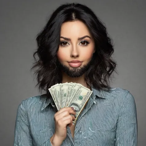 bearded woman beautiful shaggy beard, black hair, brown eyes, eyeliner, proud smile, seductive look, hold a load of dollar bills