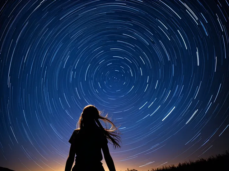 rotating starry sky, shooting stars, girl looking up at the sky, north star, star trails with 1 hour exposure