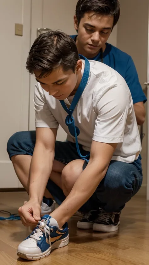 
Image of a young man helping a small  learn to tie shoelaces, with a patient and caring expression