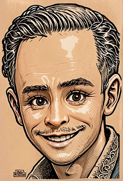 black and brown drawing of rugged outdoors man, sly smile from under forehead, on kraft paper, karl kopinski, fantasy, highly de...