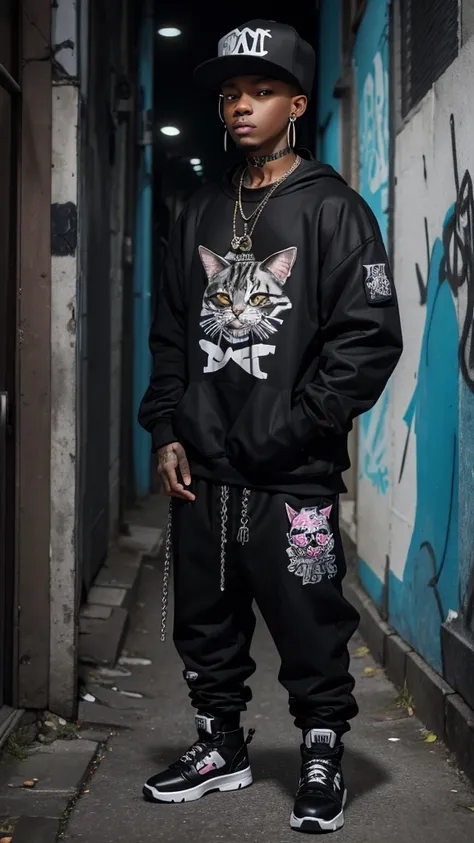 Create an image of a baby cat styled as a hip-hop rapper with a street gang appearance. The cat should have a confident and cool demeanor. Dress the cat in loose-fitting pants that sag slightly, and work boots. Add a skull necklace around its neck and an e...