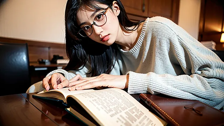 1girl, Studying .night、Glasses
