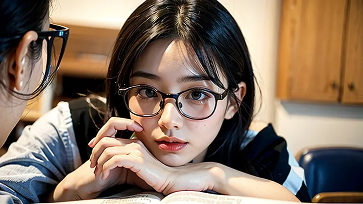 1girl, Studying .night、Glasses
