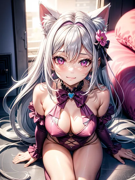 Silver hair, pink eyes, body, cat ears, sexy girl, earrings, flower sky background,pink blue uniform, hair bows, sit down, happy face