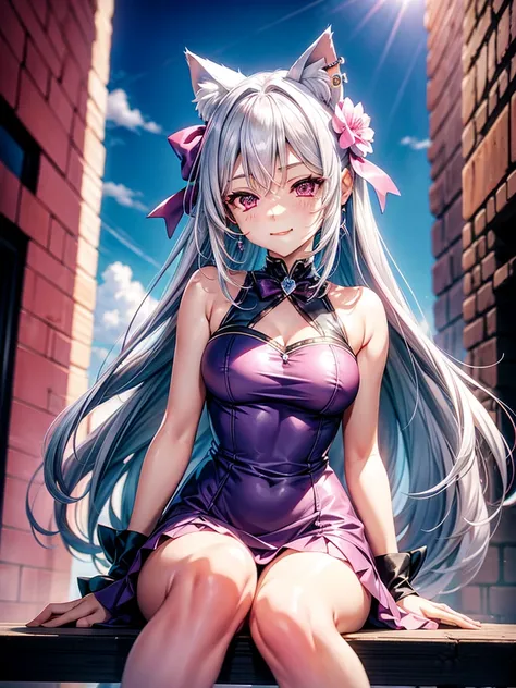 Silver hair, pink eyes, body, cat ears, sexy girl, earrings, flower sky background,pink blue uniform, hair bows, sit down, happy face