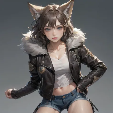 A fantasy Wasteland battles hand-in-hand through a wasteland full of pitfalls. The camera zooms in on the girl, capturing her determination. The cool girl, with wolf ears,wolf tail,  wears thin leather armor and dark cloak. As the zoom progresses, the focu...