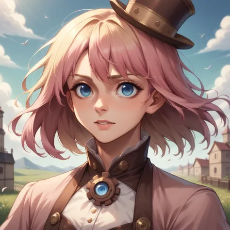 best quality, masterpiece, upper body, woman, blonde hair blown in the wind, shining eyes, steampunk nude style, thin clothes, pink clothes, pink hair