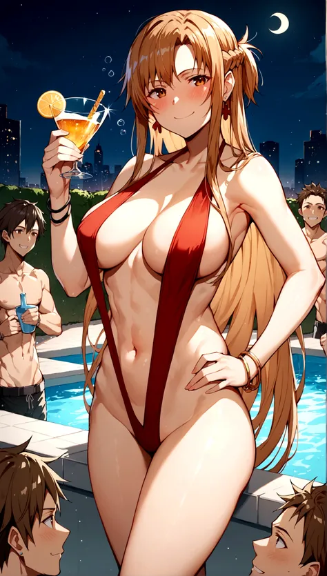 score_9,score_8_up,score_7_up,18 year old,female focus,1girl,asuna (sao-alo), sword art online,yuuki asuna,nsfw,brown eyes, brown hair, long hair, bangs, braid,standing,legs lift,hand on hip, holding cup,drunk-smirk,blush,large breasts,brown hair,parted ha...