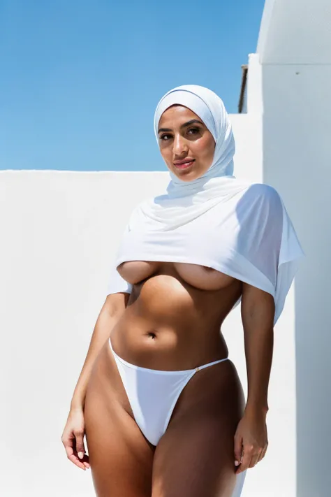 RAW photo,candid photograph, full body,photo of a beautiful,influencer,30yo Moroccan woman,black hijab, detailed skin, naked, looking at viewer, thick body structure,white background,no background, candid pose,blue light, film grain, kodak color, instagram...