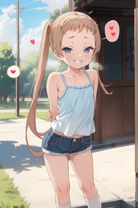 1girl,  sanae dekomori,  speech bubble,,,looking viewer,,spoken heart,6yo,(petite),flat chest,grin,outdoor,camisole,denim shorts,socks,(nsfw),standing,arms behind back