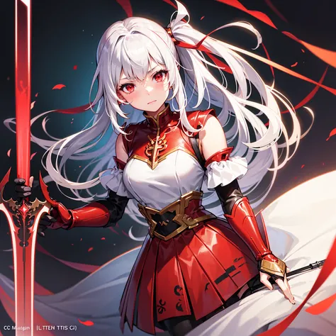 Wearing a red and white dress、anime girl holding sword, Highly detailed official artwork, Epic Light Novel Cover Art, epic Light novel cover art, Silver and red armor, guweiz on pixiv artstation, Anime style 4K, Detailed key animation art, Light novel cove...