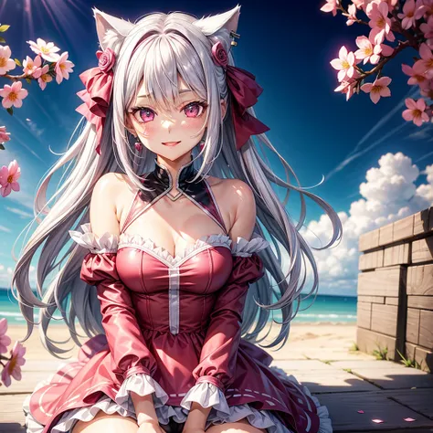 Silver hair, pink eyes, body, cat ears, sexy girl, earrings, flower sky background, pink red uniform, hair bows, sit down, happy face