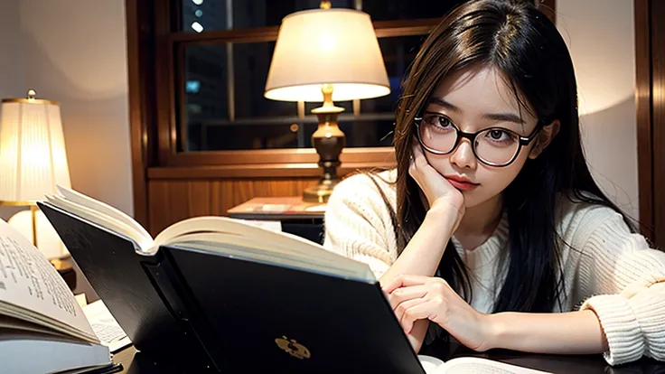 1girl, Studying .night、Glasses
