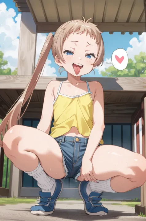 (masterpiece, best quality), intricate details,
 1girl,  sanae dekomori,  ,,looking viewer,,spoken heart,6yo,(petite),flat chest,grin,outdoor,camisole,denim shorts,socks,(nsfw),open mouth,tongue,squatting,open legs,spread legs,from below