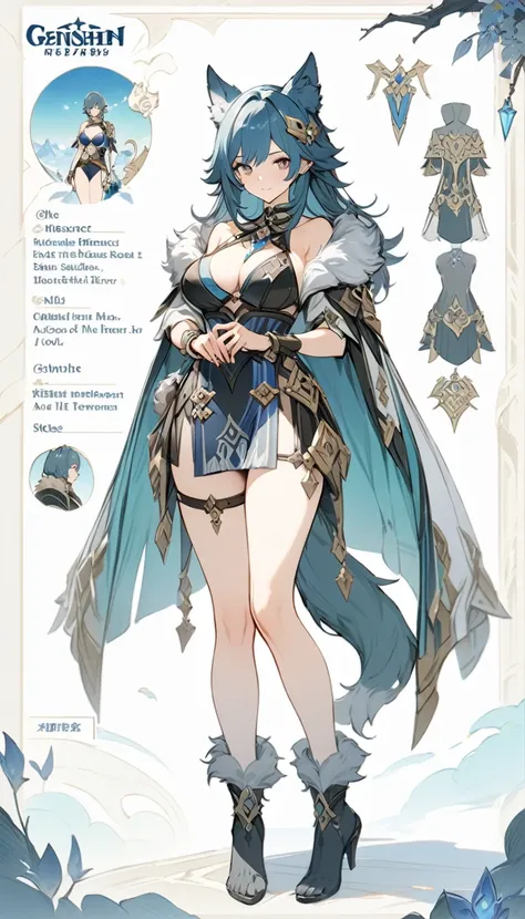 ((masterpiece)), ((best quality)), ((high resolution)), full body, standing, white backgroun, fantasy, genshin clothes, genshin outfit, fantasy theme, large breast, fur mantle, bare shoulders, character sheet, standing, wolf tail, wolf ears, bikini, 