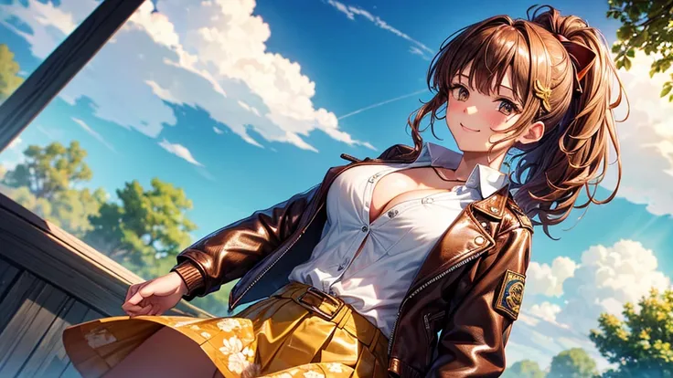 1girl, solo, summer, village, trees, sun, clouds, ((colorful hair)), curly hair, ponytail, large full breasts, ((brown leather jacket)), button down shirt, ((floral pattern shirt)), ((short sleeved shirt)), ((unbuttoned shirt)), unbuttoning buttons, cleava...