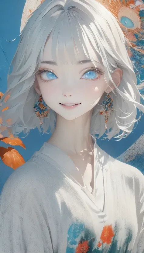 quality(8K,非常に精細なCGユニットのwallpaper, masterpiece,High resolution,top-quality,top-quality real texture skin,Surreal,Increase the resolution,RAW Photos,最高quality,Very detailed,wallpaper),BREAK、Minimalist，Stylish girl，Gray Hair，Blue background，Wear special earr...