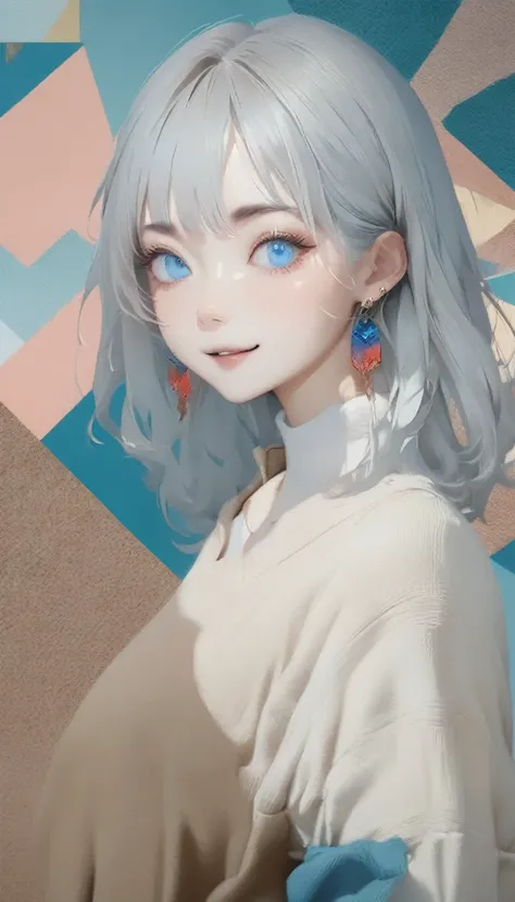 quality(8K,非常に精細なCGユニットのwallpaper, masterpiece,High resolution,top-quality,top-quality real texture skin,Surreal,Increase the resolution,RAW Photos,最高quality,Very detailed,wallpaper),BREAK、Minimalist，Stylish girl，Gray Hair，Blue background，Wear special earr...